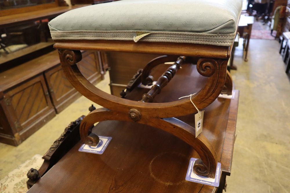 A Victorian walnut X-framed dressing stool on scroll-carved legs, width 58cm depth 50cm height 44cm